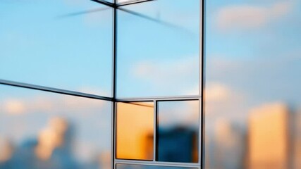 Poster - Geometric Facade: An abstract architectural composition showcases a modern building facade, with precise lines and reflections of the cityscape and the sky.