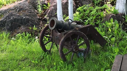 Poster - An old cannon sitting atop a lush green field, perfect for historic or military-themed projects