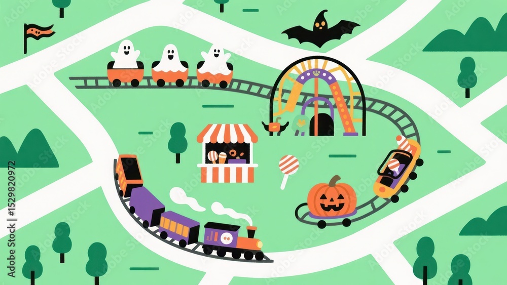 Maps Cartoon Rides ภาพประกอบ Stock Cartoon Halloween Theme Park Map with Rides like Ghost ...