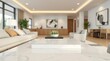 © BONDET LUCKY - Bright living room features white sofa marble table wood cabinets  neutral decor