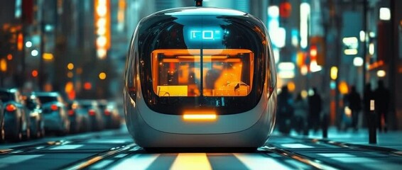 Poster - Self-driving electric bus moving through a futuristic city, highlighting smart technology, innovation, and modern urban transportation design. Evening neon illumination of the bus and the city