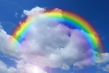 Wall Mural - bright rainbow in blue sky with clouds on sunny day