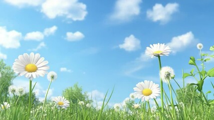 Poster - Daisy Field Under the Blue Sky: A vibrant field of daisies dances in the sunlight, with a background of a bright blue sky, offering a serene scene.