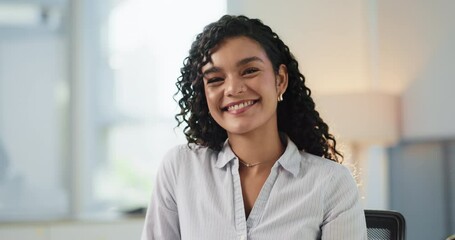 Poster - Smile, face and confidence with business woman in office for lawyer, advocate and pride. Legal aid consultant, happiness and opportunity with person in law firm agency for legislation and attorney