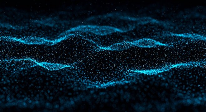 Abstract Background with Flowing Blue Particle Waves in Dark Space