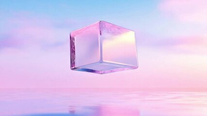Leinwandbilder - Floating Crystal Cube: A sleek, translucent cube floats effortlessly against a dreamy backdrop, its multifaceted surfaces catching the light and reflecting a spectrum of soft colors.