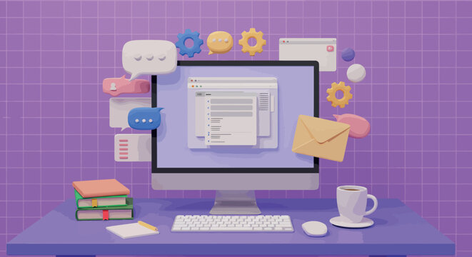 Colorful digital workspace with computer monitor and accessories on purple desk vector illustration
