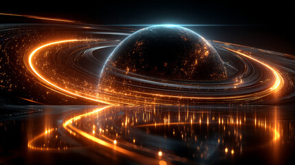 Poster - Radial curve, lines glow and shine in arch light effect vector illustration. Energy semicircle bright halo, motion of circular beams with glare on edge, shiny orange design element on black background