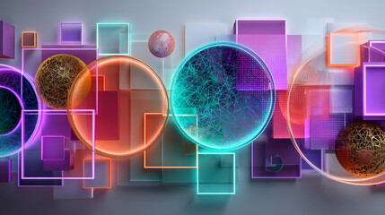 Poster - Round and square color frames with illuminated neon borders on white background. Glowing white frames with color lines. Modern abstract geometric vector illustration set in soft pastel tones.