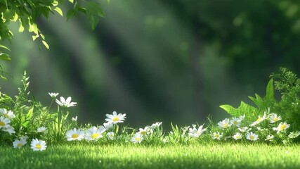 Poster - Sun-Kissed Daisies in Dreamy Forest: Lush green grass dotted with white daisy flowers, bathed in sunbeam piercing through the canopy of a dreamy forest.