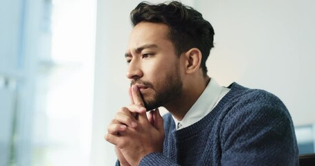 Poster - Thinking, solution and business man in office for research, problem solving and finance review. Professional, corporate and person with ideas on tech for planning, financial report or budget proposal