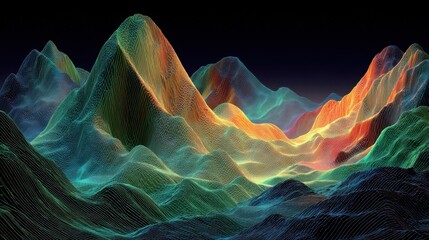 Poster - Digital artwork shows a stunning landscape of abstract mountains featuring flowing lines and a gradient of vibrant colors. The design creates a captivating and surreal visual experience.