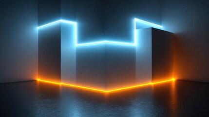 Poster - Artistic arrangement showcasing glowing blue and orange lines against sleek white walls in a contemporary interior space. The ambient lighting enhances the modern design aesthetic.