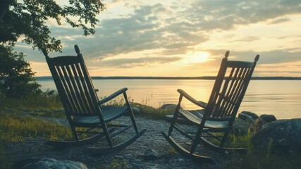 Poster - Two wooden rocking chairs sit atop a rugged rocky beach, perfect for a serene coastal scene or outdoor decor
