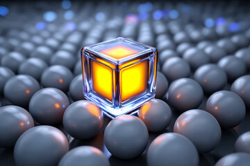 glowing cube on sphere background abstract concept