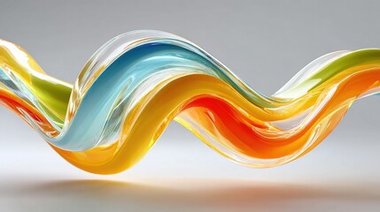 Poster - A vibrant wave-shaped sculpture made of glass displays a blend of blue, orange, green, and yellow colors, creating a dynamic visual effect under gentle lighting.