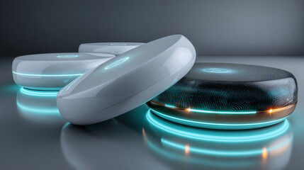 Poster - White round web buttons. Soft glowing circular UI elements in modern neomorphism style. Abstract 3D buttons with subtle shadows and light effects. Minimalist vectors for apps, digital interfaces.