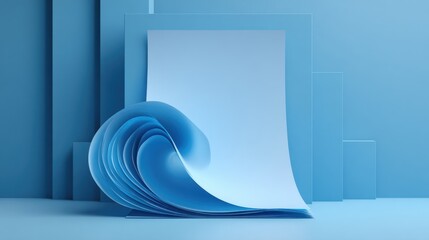 Poster - Elegant blue paper forms a wave, contrasting against a backdrop of geometric shapes. This artwork showcases modern design elements in a serene setting, emphasizing creativity.