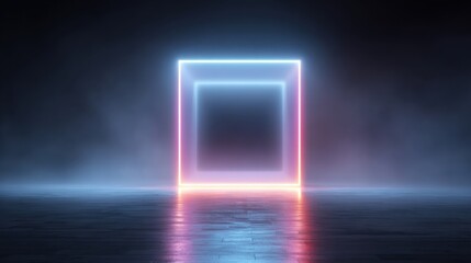 Poster - A glowing square frame emits vibrant neon colors, set against a dark background filled with mist. The reflection on the floor enhances the otherworldly feel of this nighttime scene.