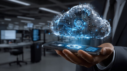Poster - Engineers create virtual interfaces using smartphones to exchange data storage for financial technology industry systems. cloud technology concept industrial network	