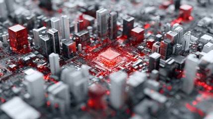 Poster - A detailed cityscape showcases buildings intertwined with circuit patterns, illuminated by vivid red accents that create a technological atmosphere.