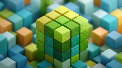 Poster - A vibrant, abstract composition features a three-dimensional arrangement of cubes in various shades of blue and green. The structure stands out in a playful display of color and form.