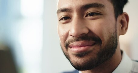 Fototapete - Business, man and laptop with thinking in office for article ideas, story insight or proofreading. Creative agency, writer or happy with computer for editing, blog research or reading editor feedback