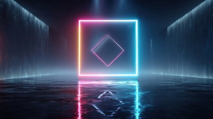 Poster - Bright neon shapes stand out in a dimly lit corridor creating an immersive experience. The smooth reflective floor enhances the vibrant colors of the artwork.