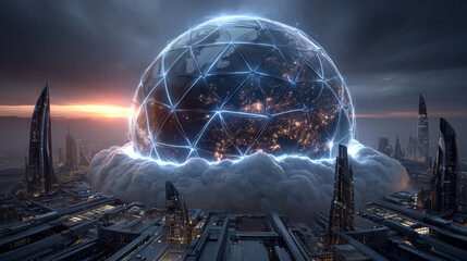 Poster - cloud technology concept Global network of metaverse systems exchange of information global business Megatrends on the Internet for Telecommunication	
