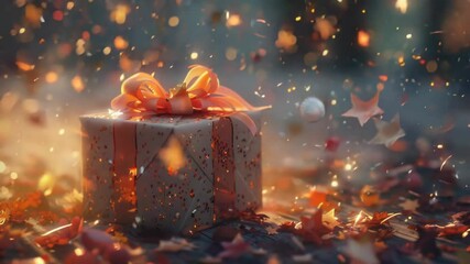 Poster - A gift box sits atop a pile of leaves, perfect for using as a prop in still life photography or as a symbol of nature's treasures