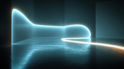 Poster - Glowing lines gracefully curve and twist in a dimly lit gallery, creating an atmospheric, immersive experience for visitors. The interplay of light and shadow enhances the modern design feature.