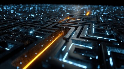 Poster - Intricate maze design constructed from dark materials features glowing pathways. Bright orange lights trace the maze's routes, creating a futuristic atmosphere in low light.