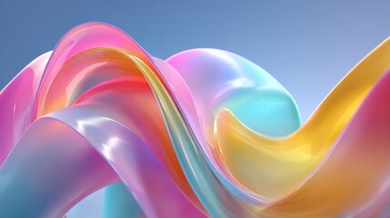 Poster - A vibrant abstract sculpture features flowing curves in shades of pink, blue, and yellow, set against a bright background. The smooth textures reflect light, creating a captivating visual effect.