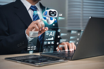 ai content creation tools: man uses laptop with ai assistant for graphic design, translation, chatbo