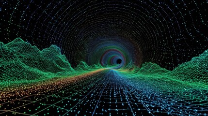 Poster - A captivating digital visualization depicts a vibrant tunnel created with colorful light trails and a network of dots.