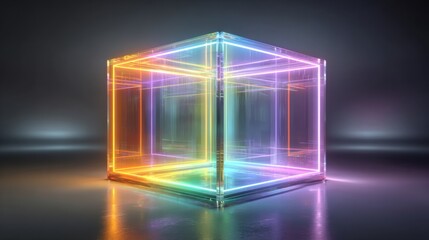 Poster - A luminous cube made of transparent material radiates neon colors, illuminating the surrounding dark space. The bright lights create a captivating atmosphere, enhancing the overall aesthetic.