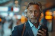 © Pinklife - A distinguished older man, holding a smartphone, appears deep in thought amidst the bustling airport environment, reflecting on travel and life’s journey.