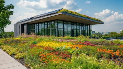 Aufkleber - A rooftop garden with vibrant flowers and lush greenery, suitable for use as a background or illustration