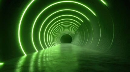 Poster - A striking tunnel with smooth, reflective surfaces is lined with vibrant green neon lights, creating a captivating and modern ambiance. The glow enhances the sense of depth in the dark passage.