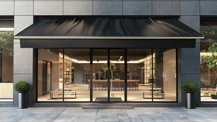 Poster - A modern storefront with a black awning and glass doors, perfect for business or commercial use