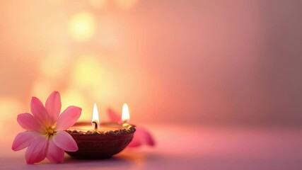 Poster - Pink flowers arranged on a table with a lit candle
