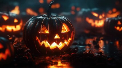 Poster - A group of jack o lantern pumpkins illuminated in the darkness, perfect for Halloween or autumn themes
