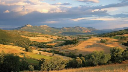 Poster - A scenic view of a valley with hills and mountains in the background
