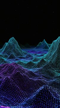 A digital rendering of a topographic landscape, showcasing abstract mountains under a starlit sky, blending technology with nature.