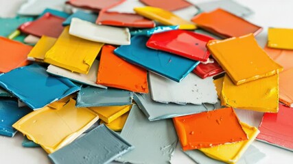 Aufkleber - Close-up shot of paint chips on a palette or in a container, ideal for interior design, DIY projects and decoration