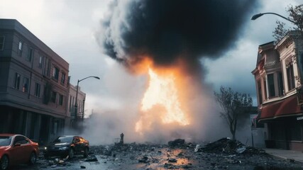 Poster - A massive explosion of black smoke and debris in an urban area, with buildings and structures damaged or destroyed