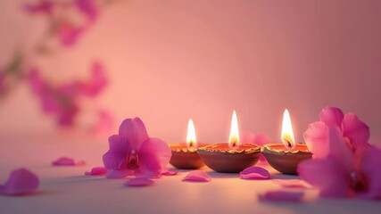 Poster - A table setting with three lit candles and pink petals, ideal for romantic or celebratory scenes