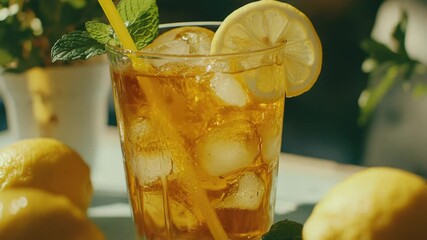 Poster - A refreshing glass of iced tea with sliced lemons and fresh mint leaves, perfect for a warm day