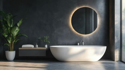 Poster - A white bathtub sits beside a green plant