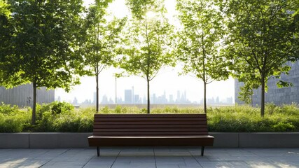 Aufkleber - A simple wooden bench placed on the sidewalk, perfect for taking a break or people-watching
